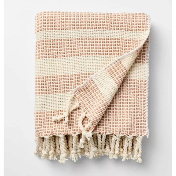 Threshold Orange & Cream Border Stripe w/ Tassels Sofa Throw Blanket 50" x 60" - Picture 1 of 6